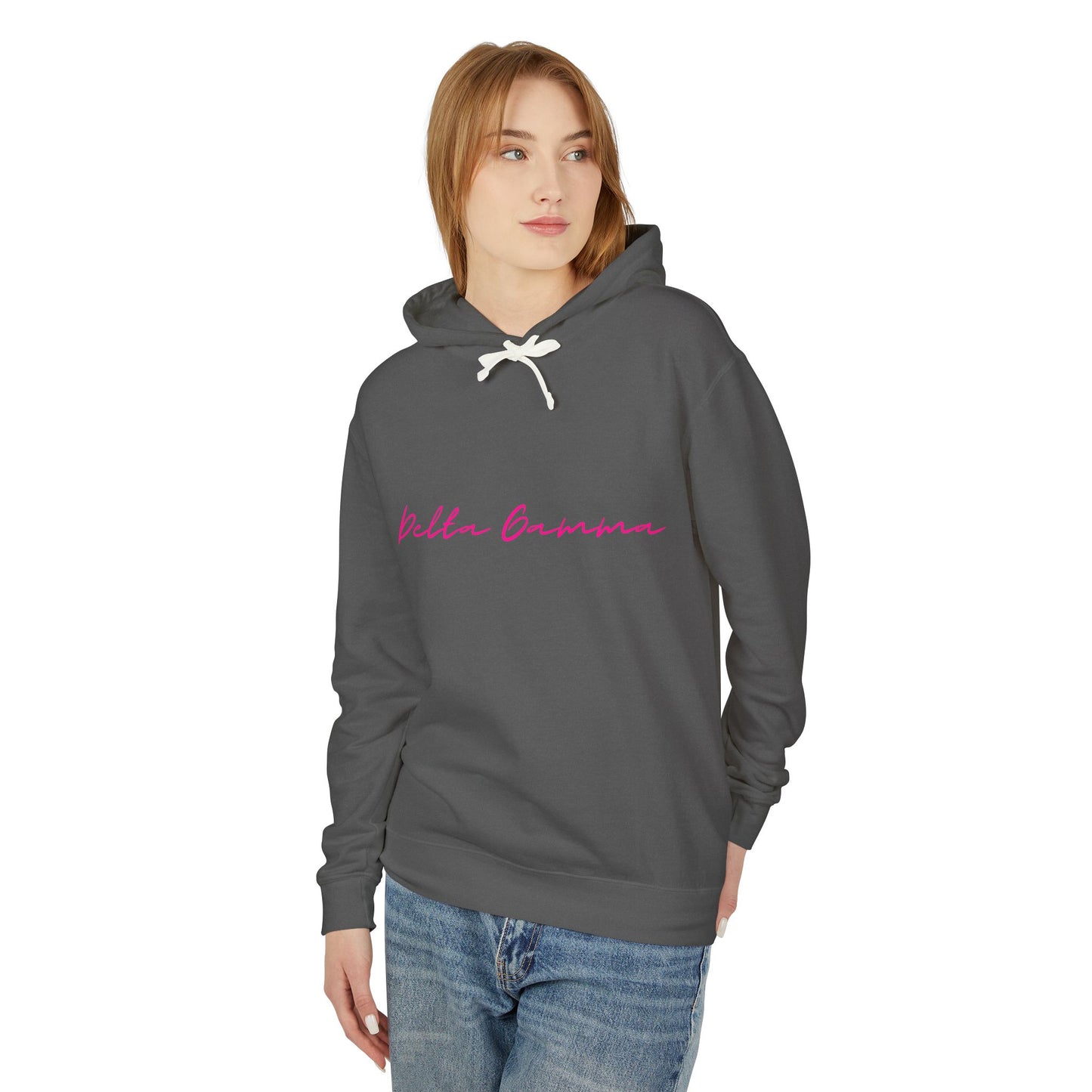 "Delta Gamma" Script Lightweight Hooded Sweatshirt