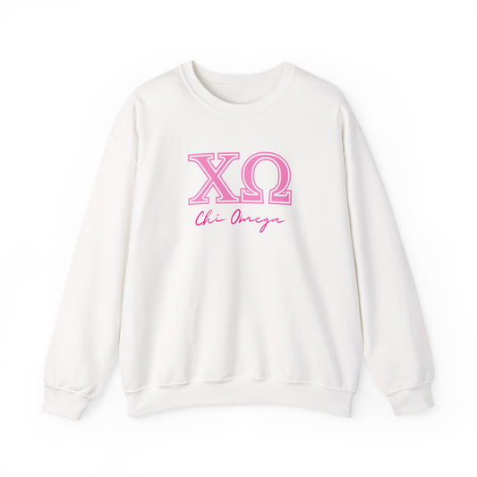 "Chi Omega" Cute Pink Script Heavy Blend™ Crewneck Sweatshirt