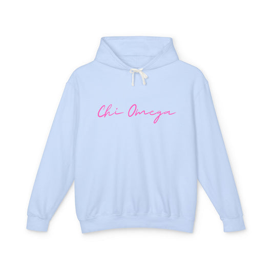"Chi Omega" Script Lightweight Hooded Sweatshirt