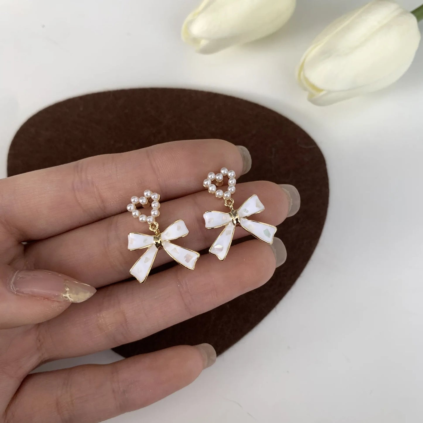 Precious Enamel White Bow Earrings