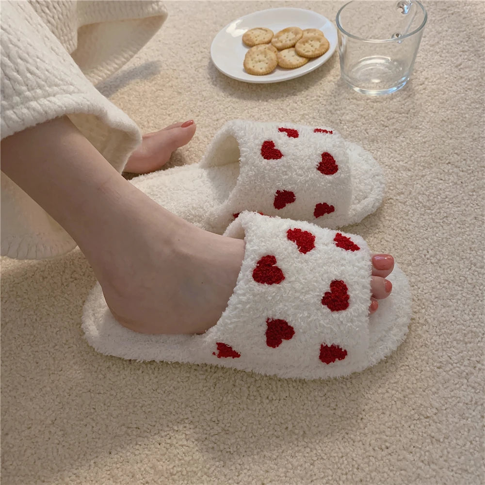 Cute Fuzzy Cartoon Patterned Slippers  white with red hearts