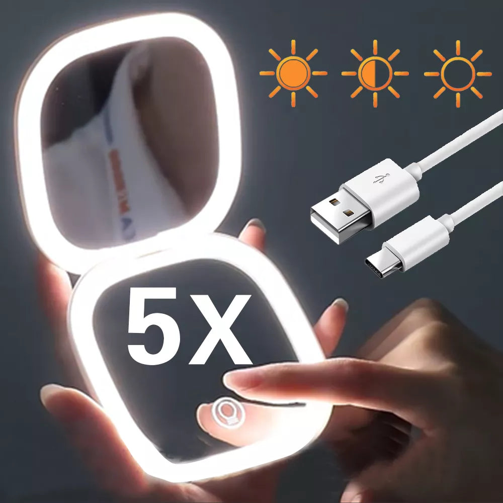 Magnifying compact mirror LED, 5X magnification, dimmable by touch!