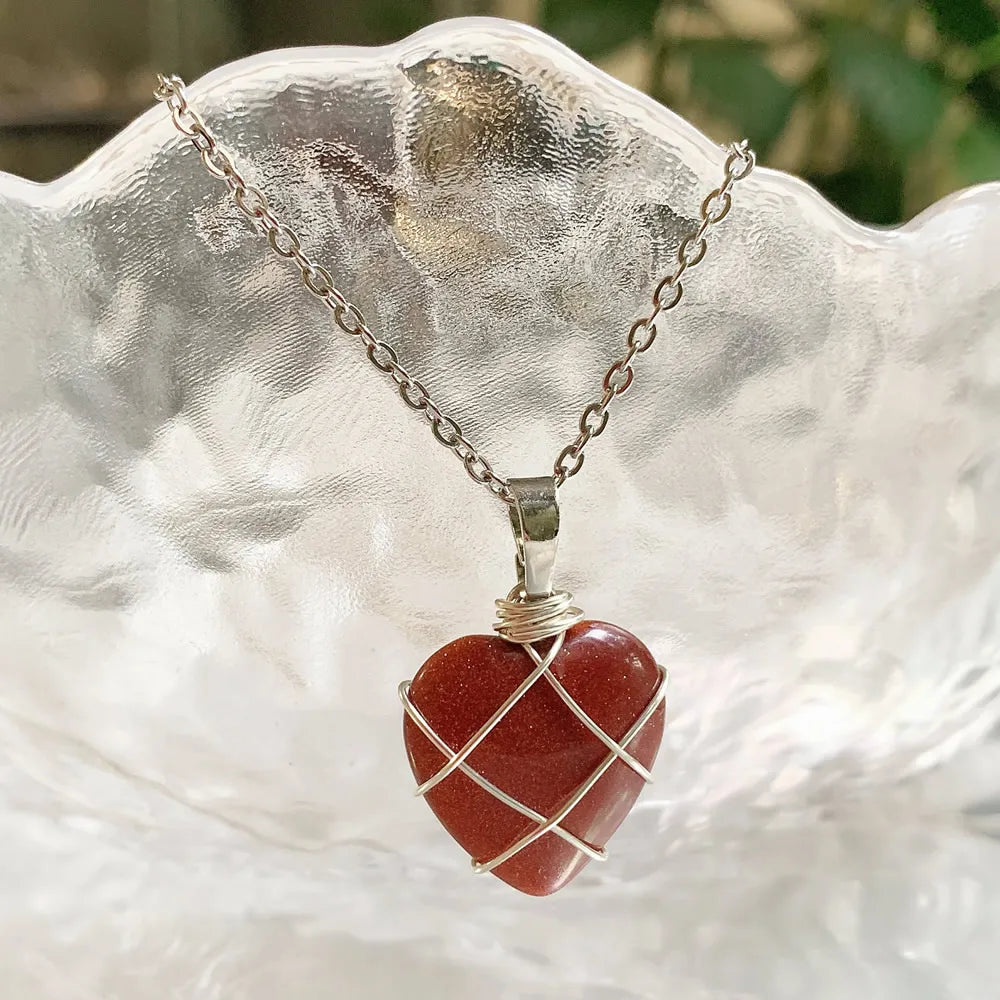 Wire Wrapped Natural Crystal Pendant Choker Heart Design