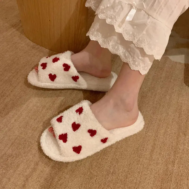 Cute Fuzzy Cartoon Patterned Slippers  with red hearts