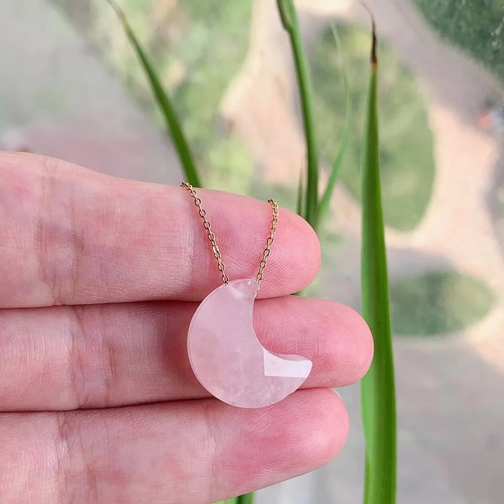 Minimalist Natural Crystal Choker with delicate gold chain and choice of crystal in a moon shape