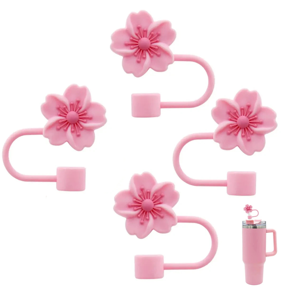 Cute Silicone Straw Covers Cap for Stanley Cup 4Pcs flower designs pink