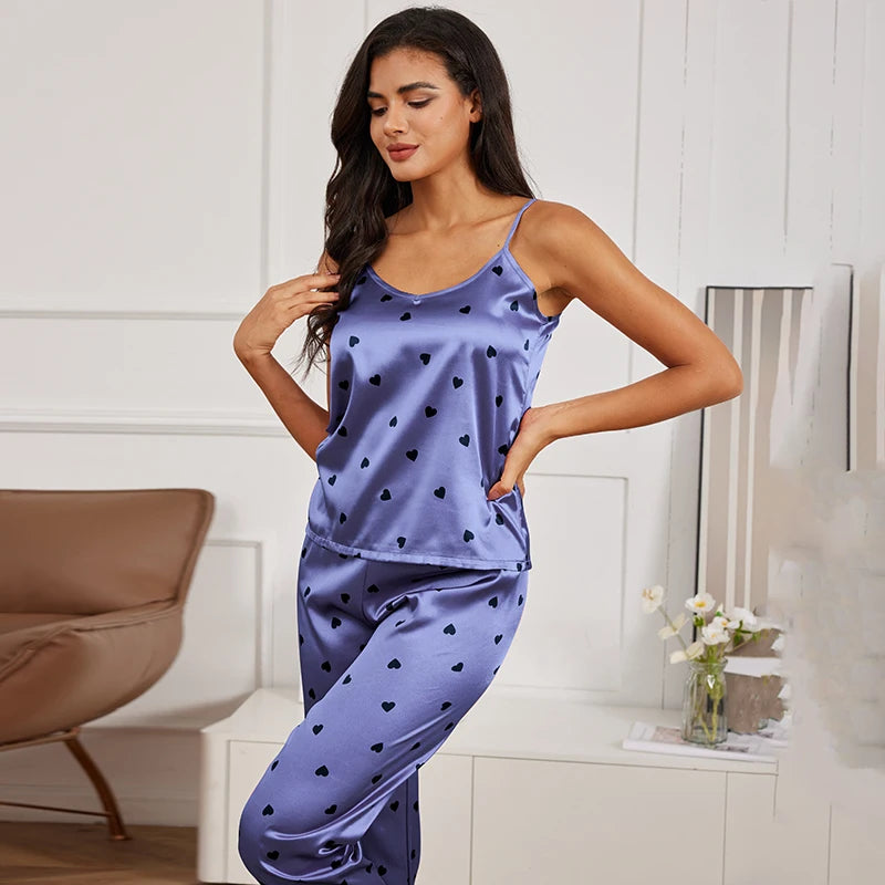 Cami and Vest Sexy Lingerie Pajamas Set satin purple with hearts