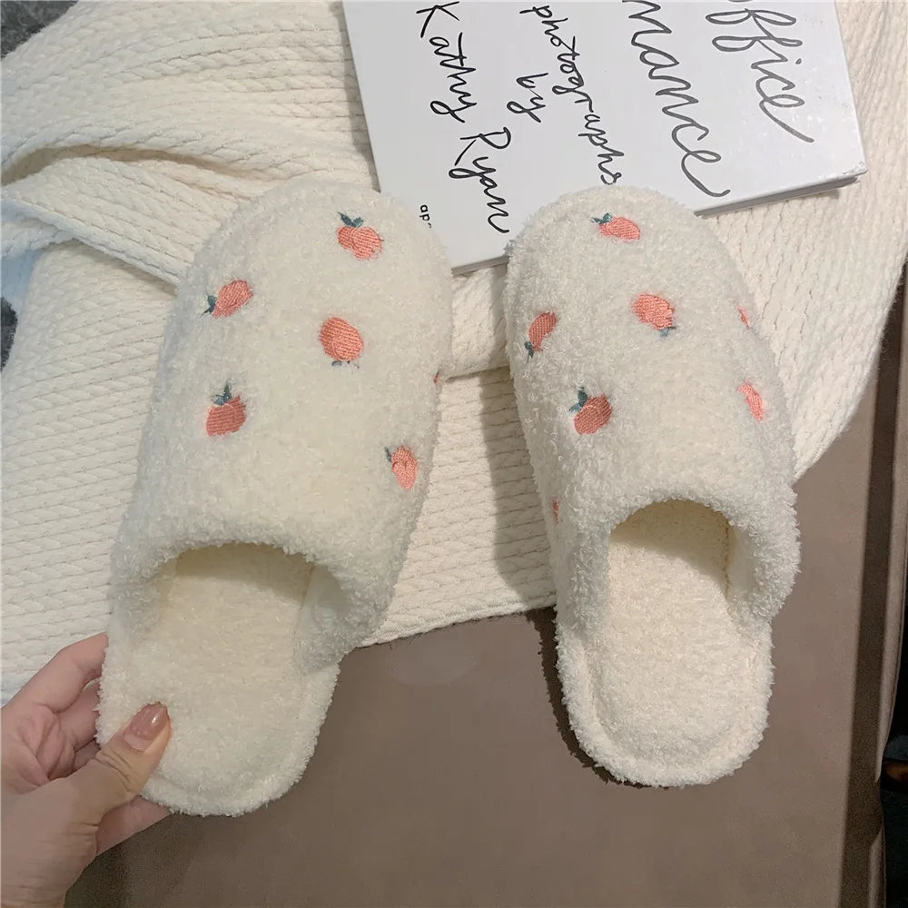 Cute Fuzzy Cartoon Patterned Slippers  white with peaches