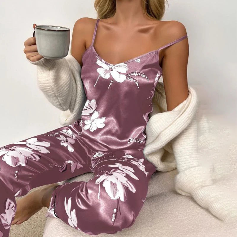 Cami and Vest Sexy Lingerie Pajamas Set light purple with flowers