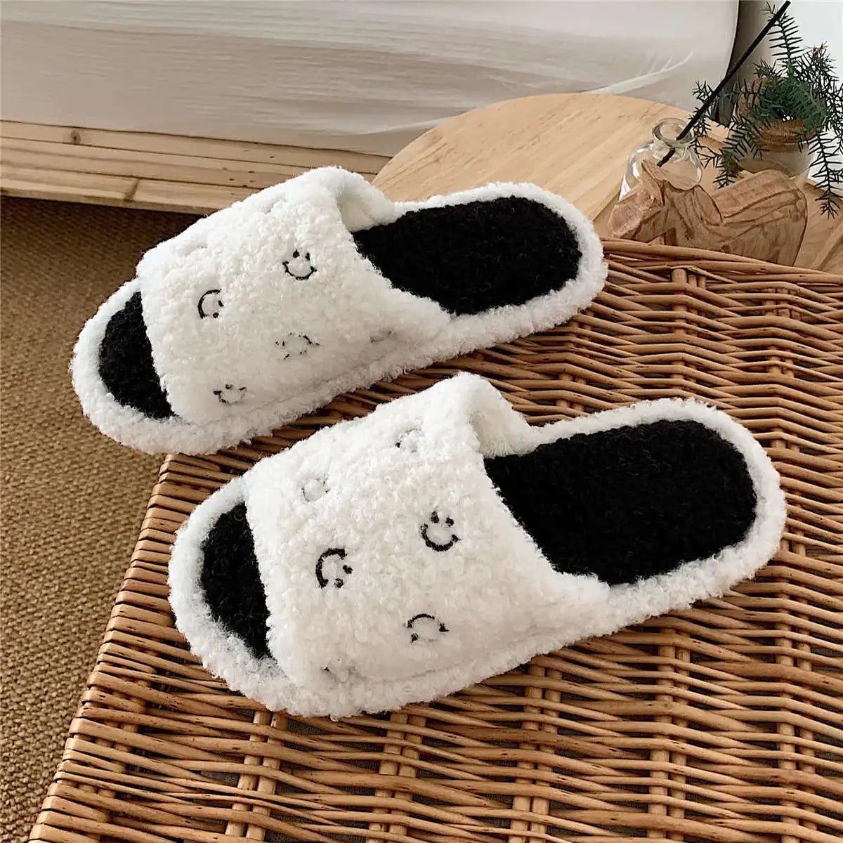 Cute Fuzzy Cartoon Patterned Slippers  white with black smiley faces