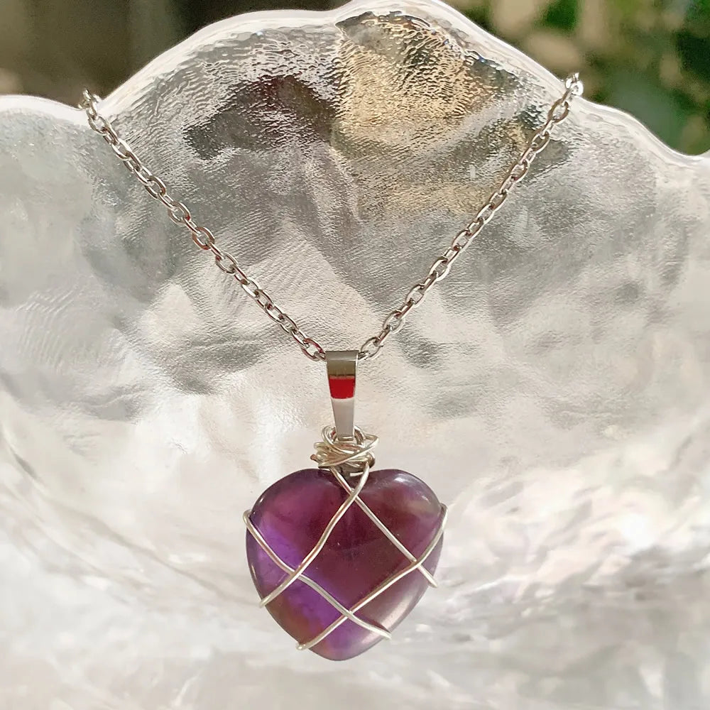 Wire Wrapped Natural Crystal Pendant Choker Heart Design