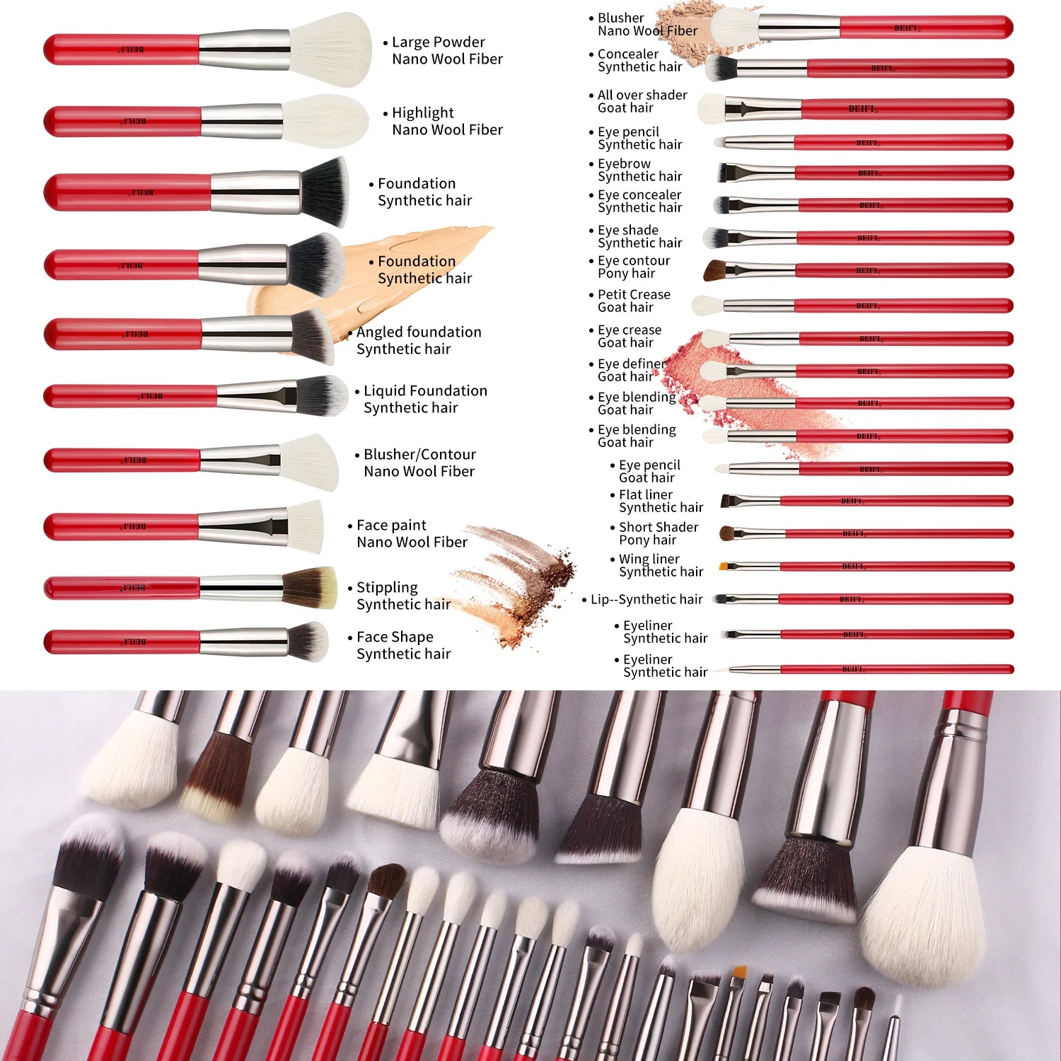 RED BEILI Natural Makeup Brush Sets multiple set options in beautiful red color and style