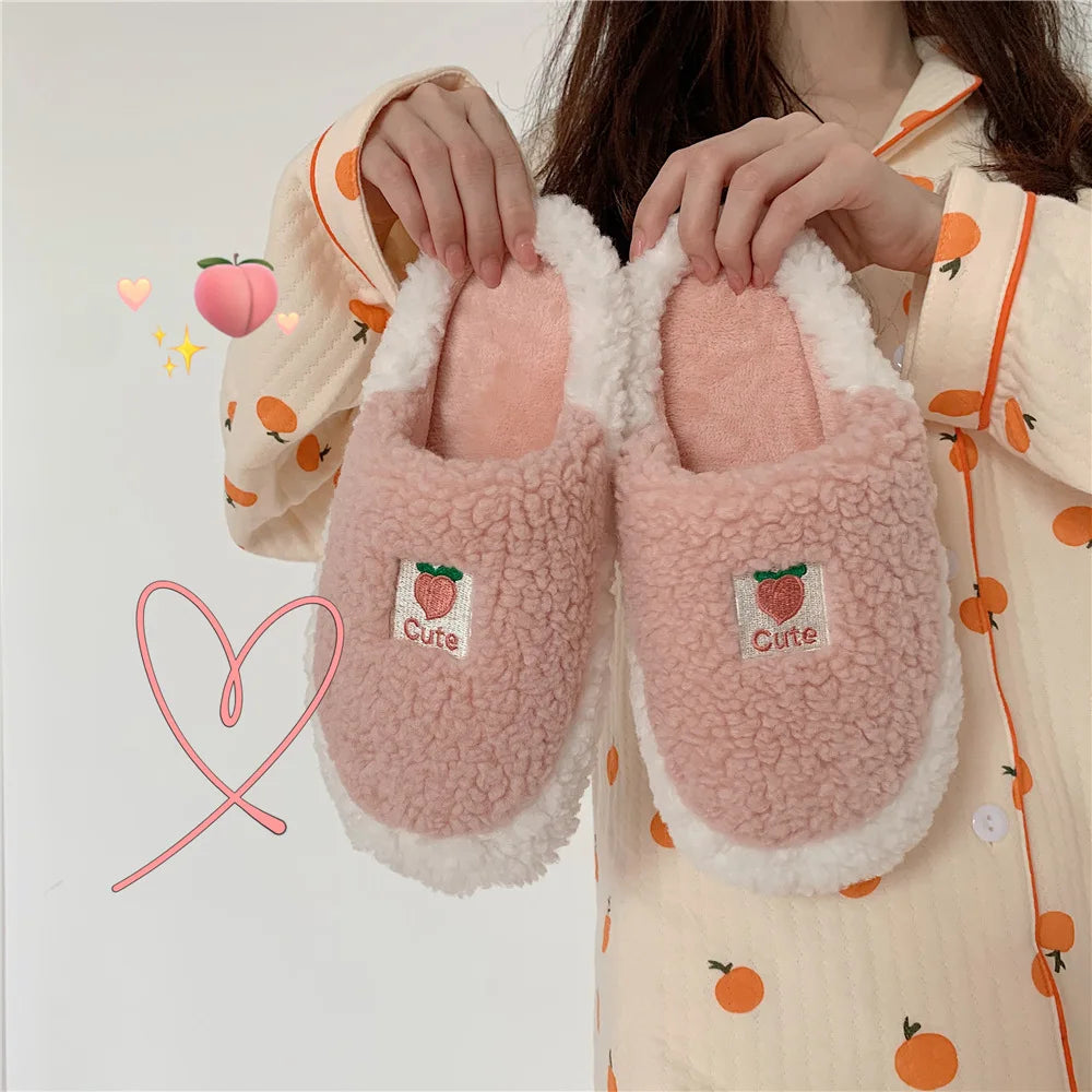 Cute Fuzzy Cartoon Patterned Slippers pink with pink strawberry