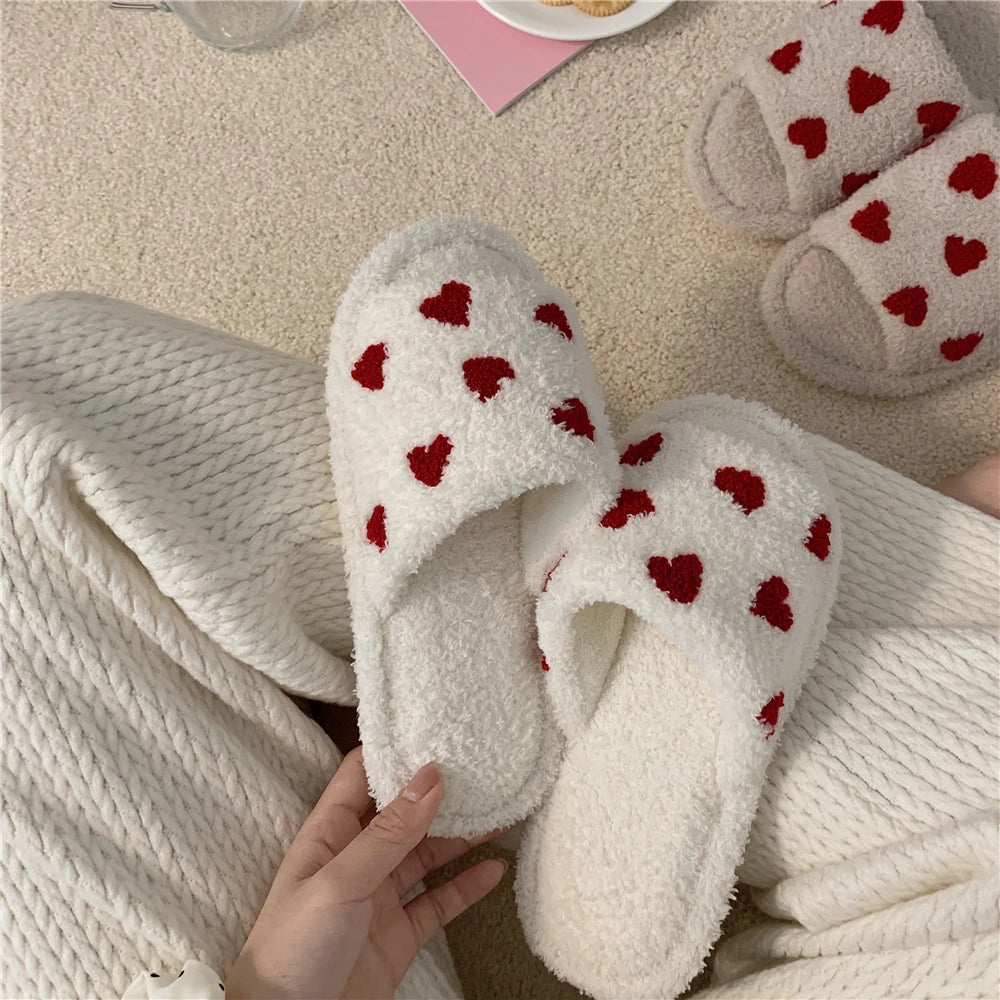 Cute Fuzzy Cartoon Patterned Slippers  white with red hearts