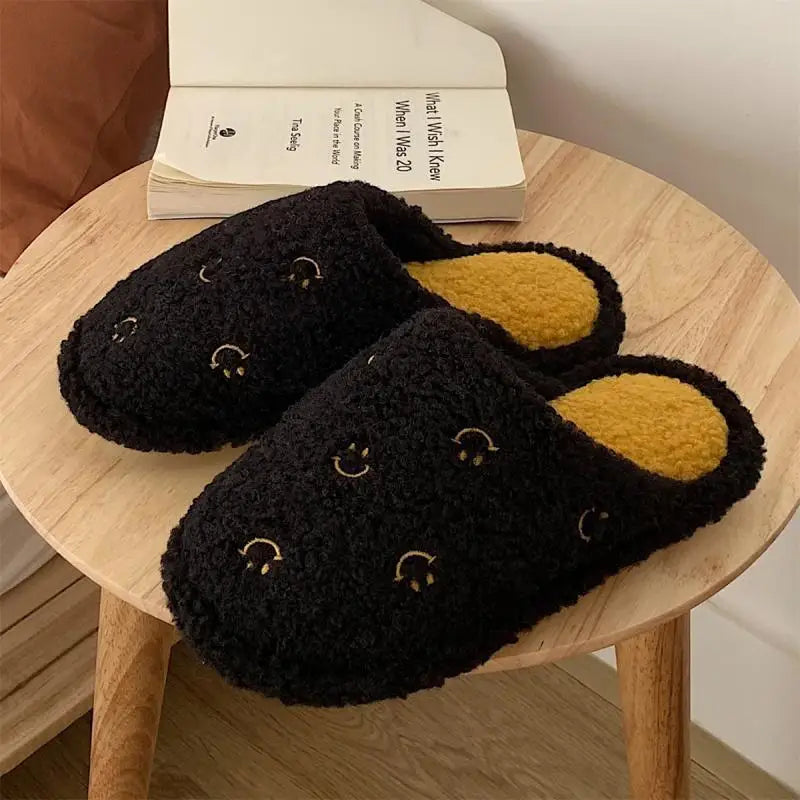 Cute Fuzzy Cartoon Patterned Slippers  black with gold smiley faces