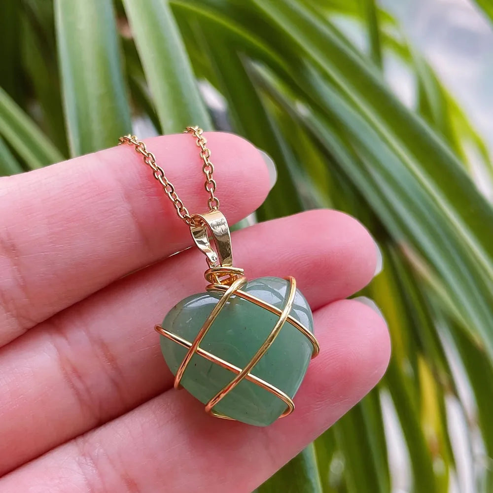 Wire Wrapped Natural Crystal Pendant Choker Heart Design showing Green Aventurine Gold