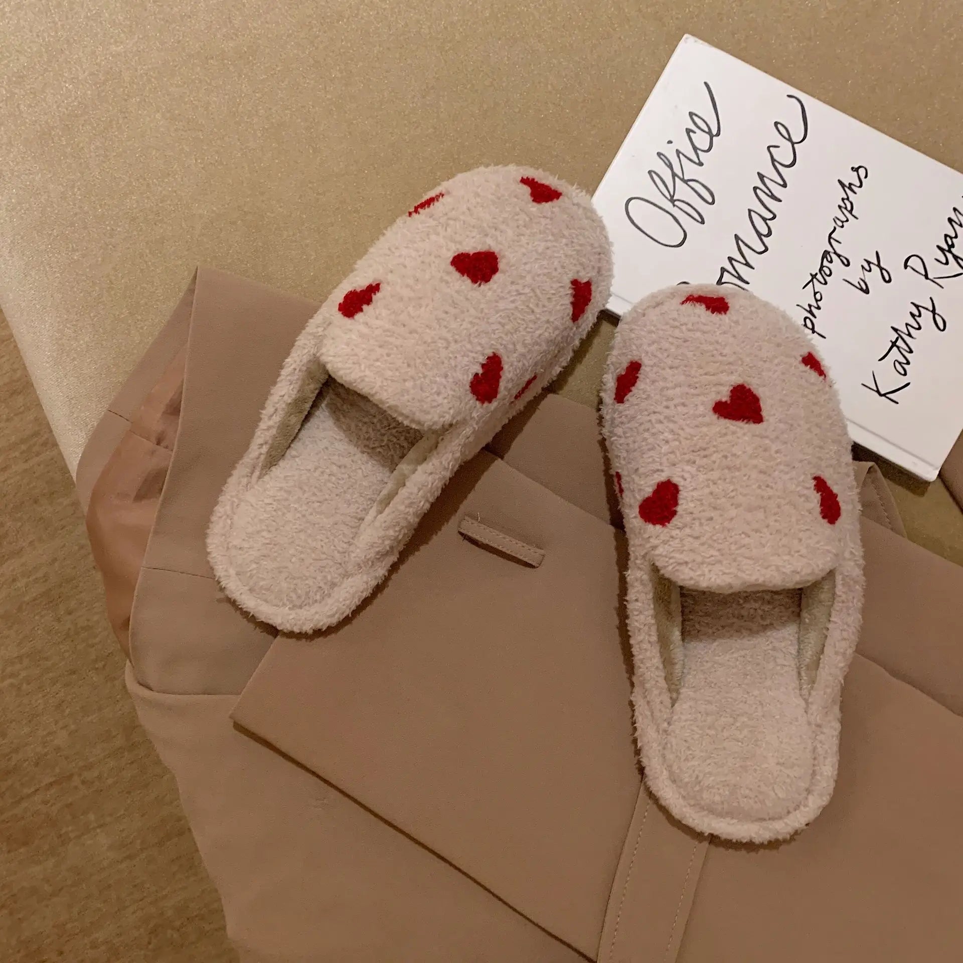 Cute Fuzzy Cartoon Patterned Slippers  with red hearts