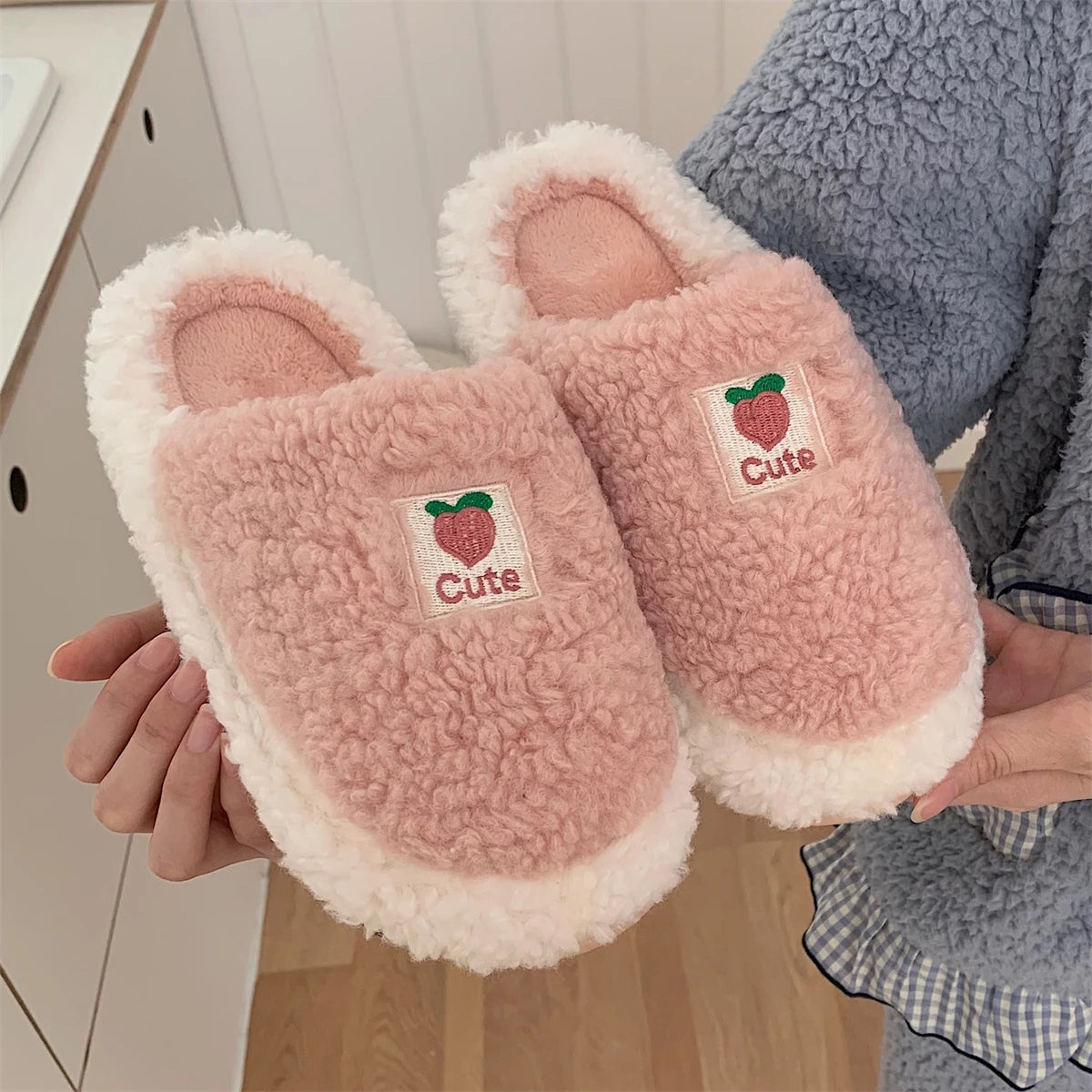 Cute Fuzzy Cartoon Patterned Slippers  pink with strawberries