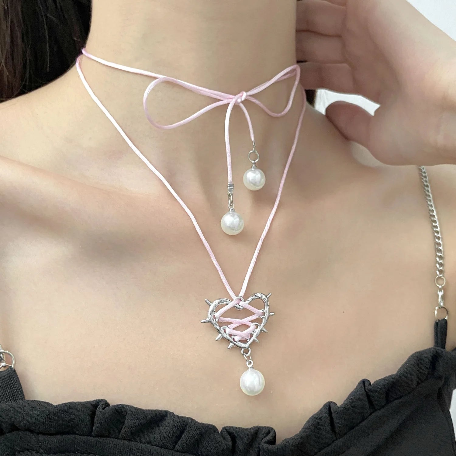 Elegant  Bow Tie Love Heart Necklace with pendant pearls in pink brown or black tie