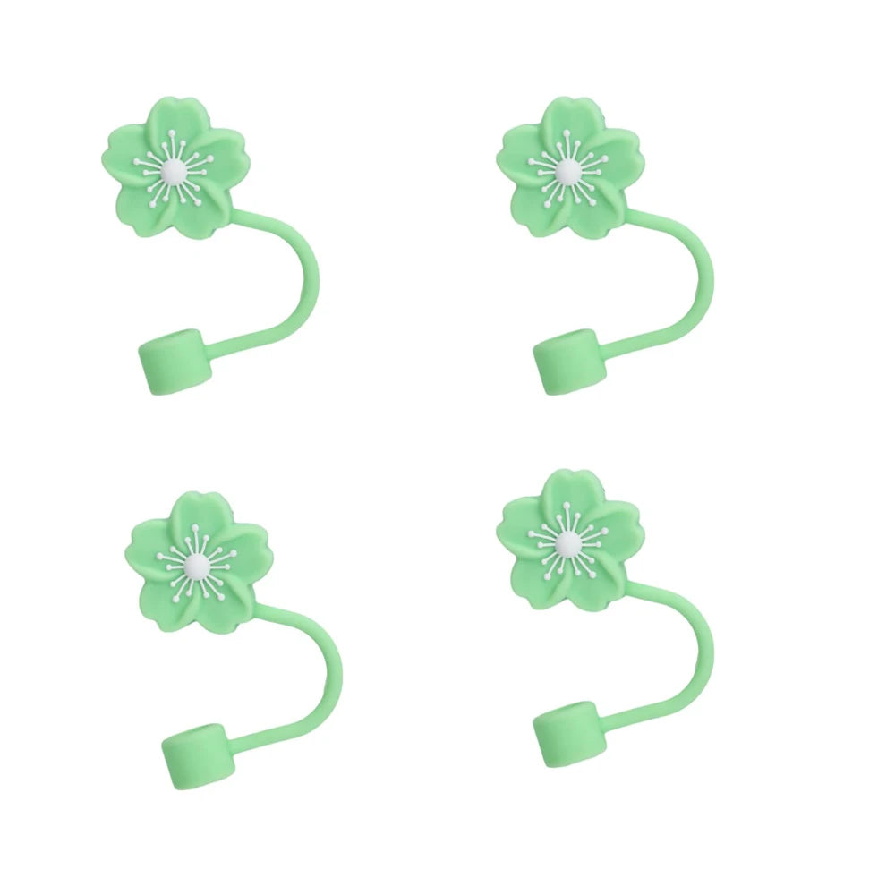 Cute Silicone Straw Covers Cap for Stanley Cup 4Pcs flower designs green