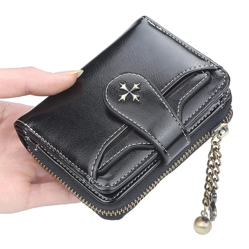 Black Synthetic Leather wallet with clasp and silver chain on zipper