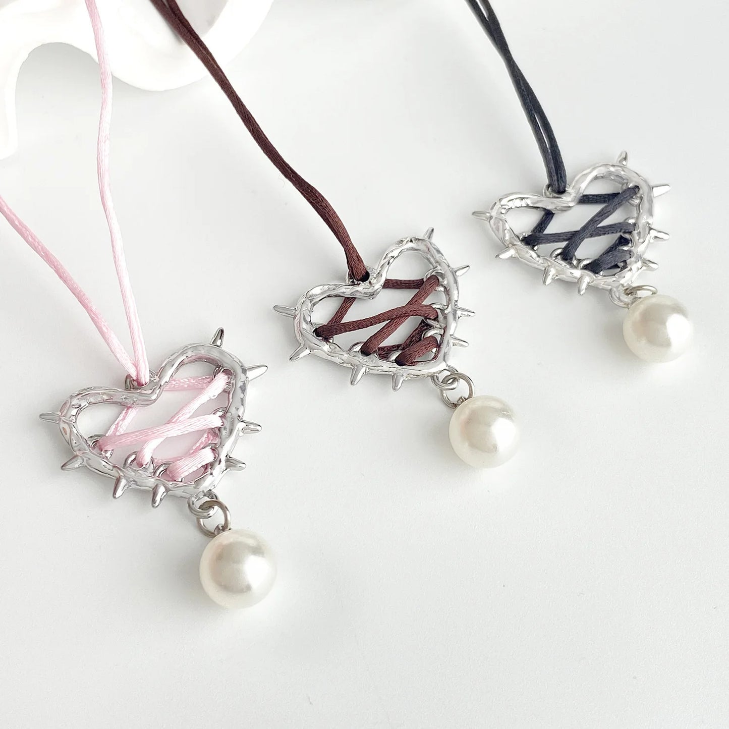 Elegant  Bow Tie Love Heart Necklace with pendant pearls in pink brown or black tie