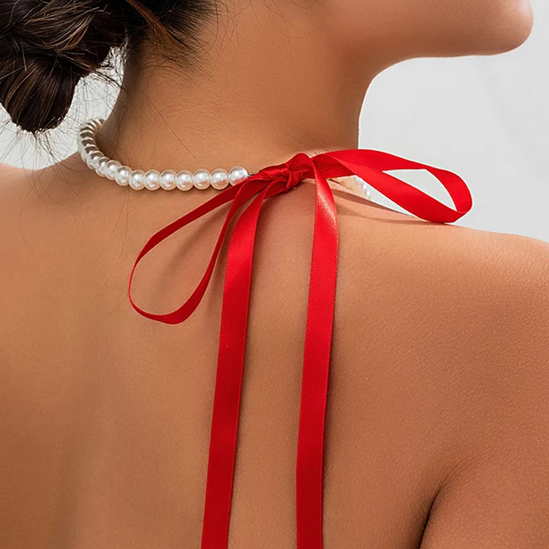 Chic Style Ribbon Choker with pearls or pendant white pearls with red ribbon