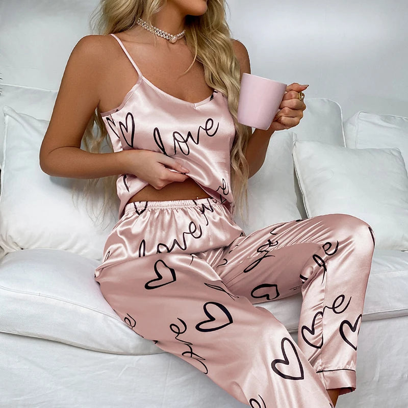 Cami and Vest Sexy Lingerie Pajamas Set satin pink with love