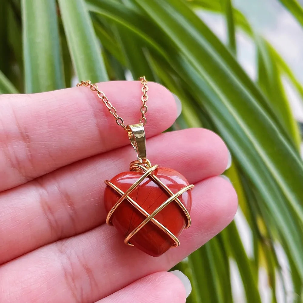 Wire Wrapped Natural Crystal Pendant Choker Heart Design showing Red Aventurine