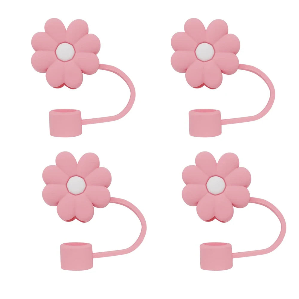 Cute Silicone Straw Covers Cap for Stanley Cup 4Pcs flower designs pink