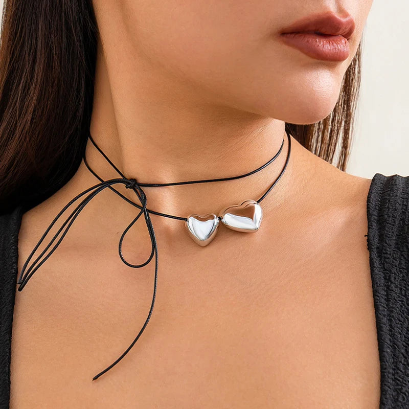 Chic Style Ribbon Choker with pearls or pendant thin black choker with two silver heart pendants