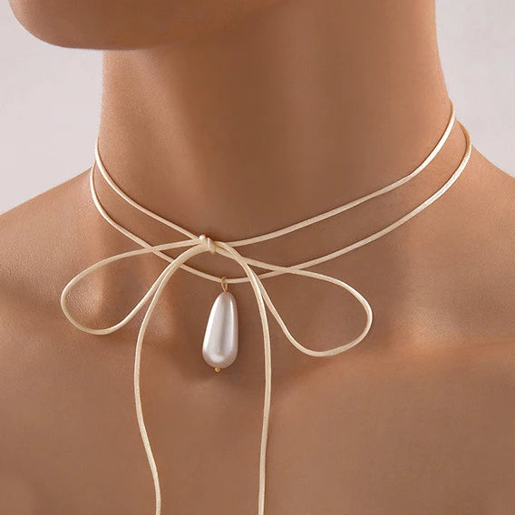 Chic Style Ribbon Choker with pearls or pendant gold thin ribbon choker with pearl drop pendant