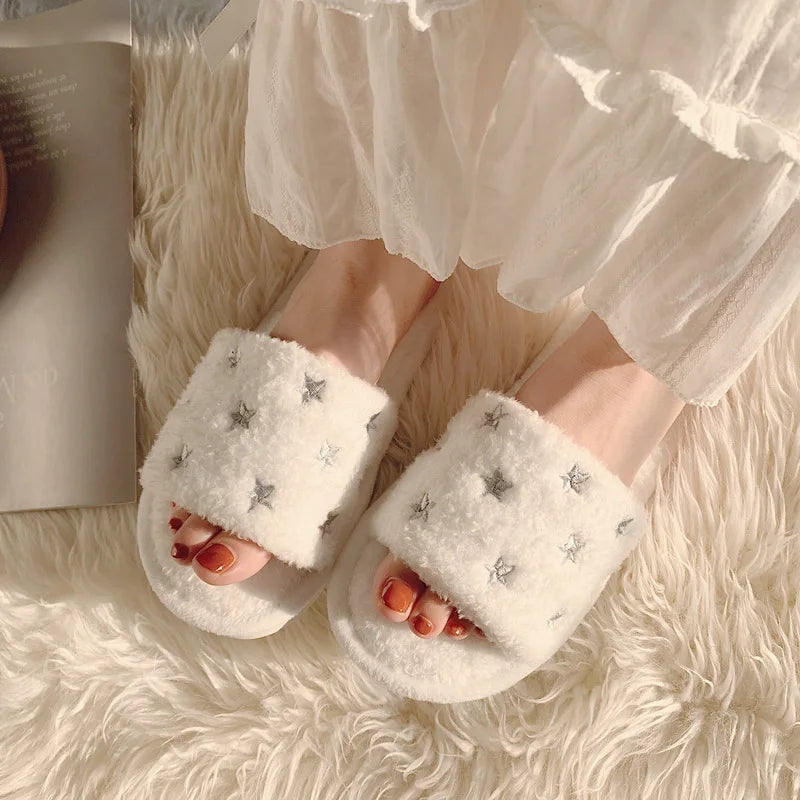 Cute Fuzzy Cartoon Patterned Slippers  white with silver stars