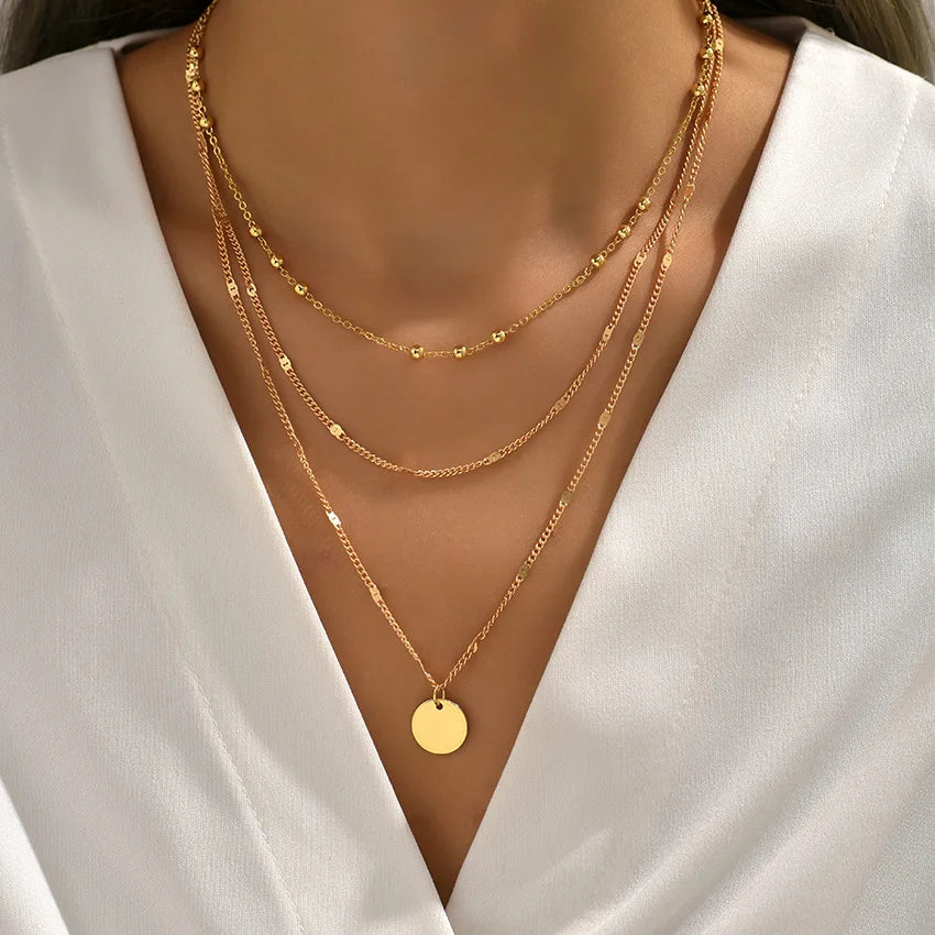 Chic Style Ribbon Choker with pearls or pendant three golden drop chains with gold circle pendant