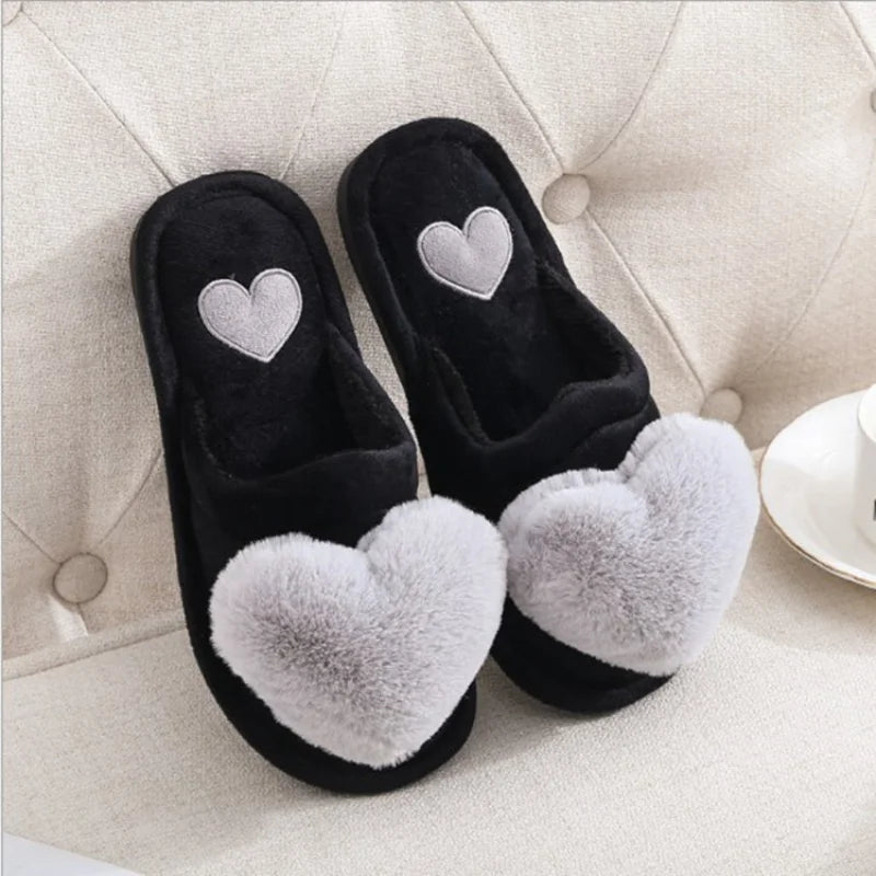 Cozy and Fuzzy Heart Shaped Slippers Black and Silver