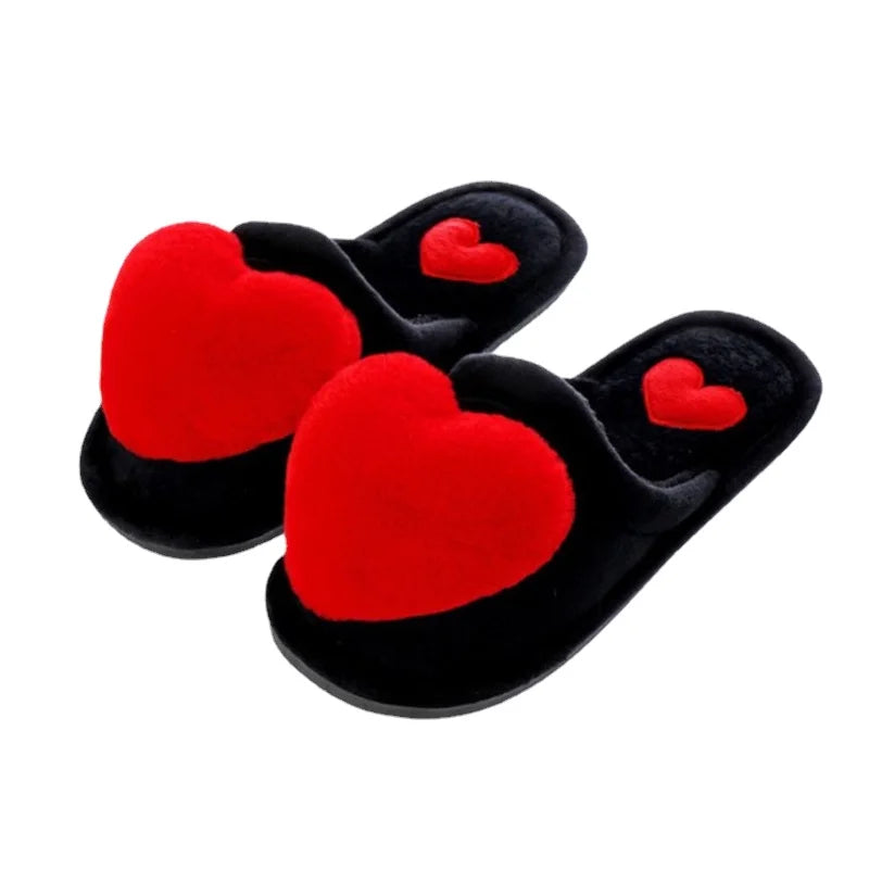 Cozy and Fuzzy Heart Shaped Slippers Black and Red