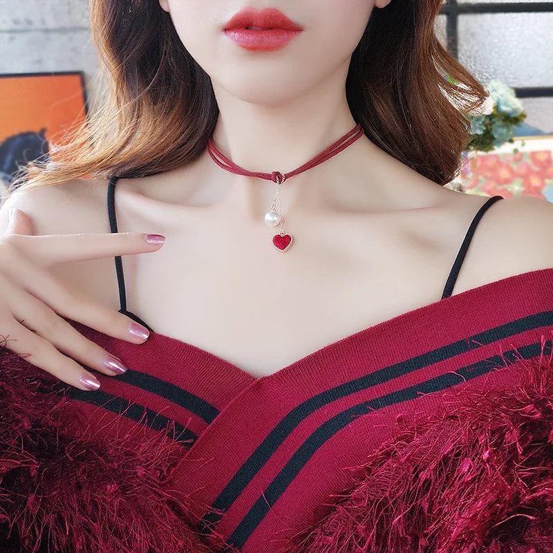 Chic Style Ribbon Choker with pearls or pendant red rope choker with pearl and red heart pendants