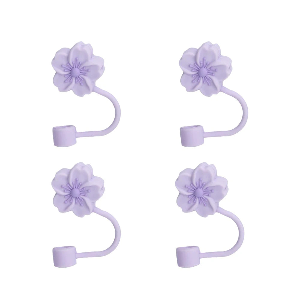 Cute Silicone Straw Covers Cap for Stanley Cup 4Pcs flower designs purple