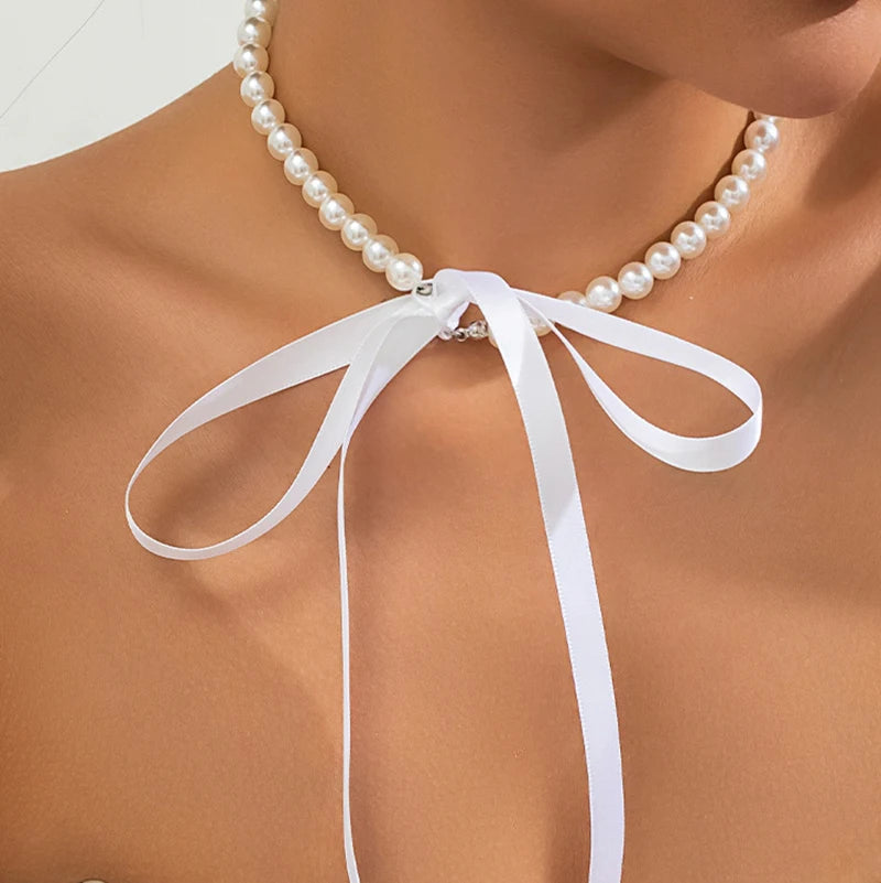 Chic Style Ribbon Choker with pearls or pendant white pearls with white ribbon