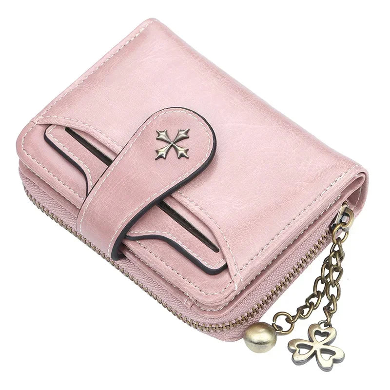 Synthetic Leather wallet with clasp and chain on zipper. Available in a variety of colors