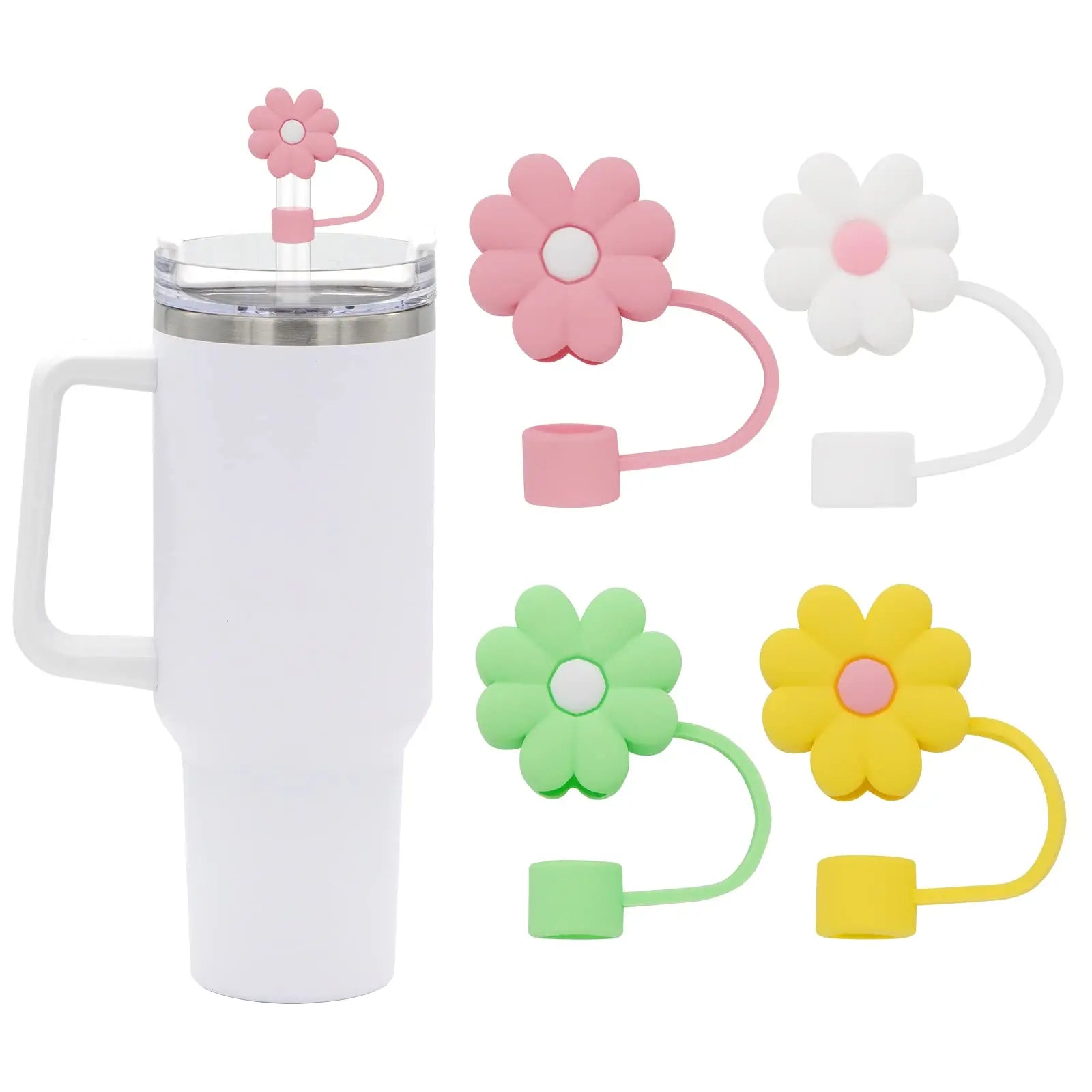 Cute Silicone Straw Covers Cap for Stanley Cup 4Pcs flower designs multi pastel colors