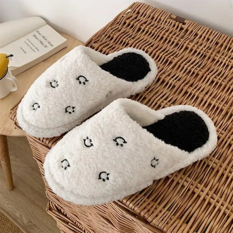 Cute Fuzzy Cartoon Patterned Slippers  white with black smiley faces