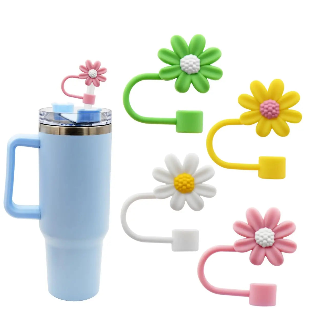 Cute Silicone Straw Covers Cap for Stanley Cup 4Pcs flower designs multi colors