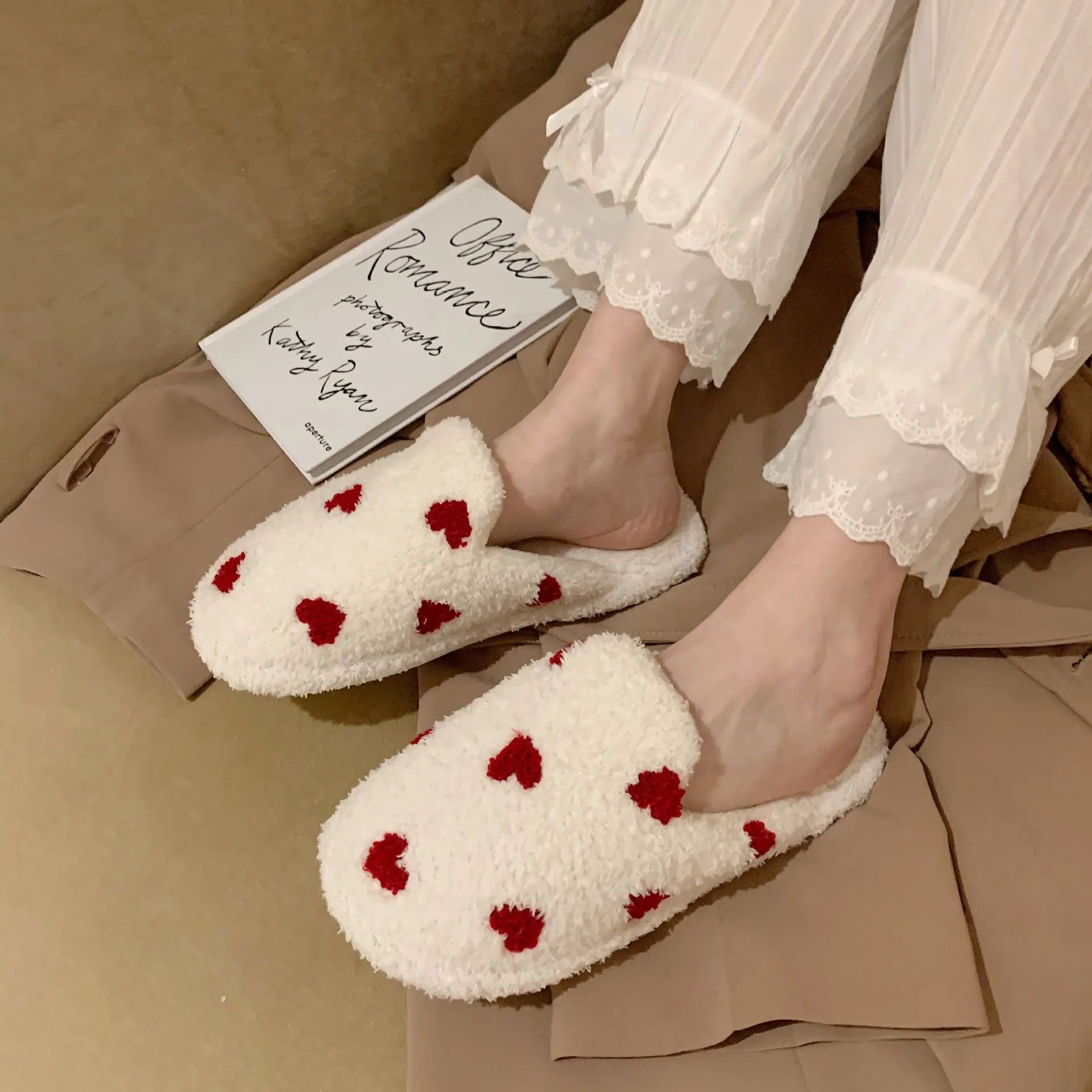 Cute Fuzzy Cartoon Patterned Slippers  with red hearts