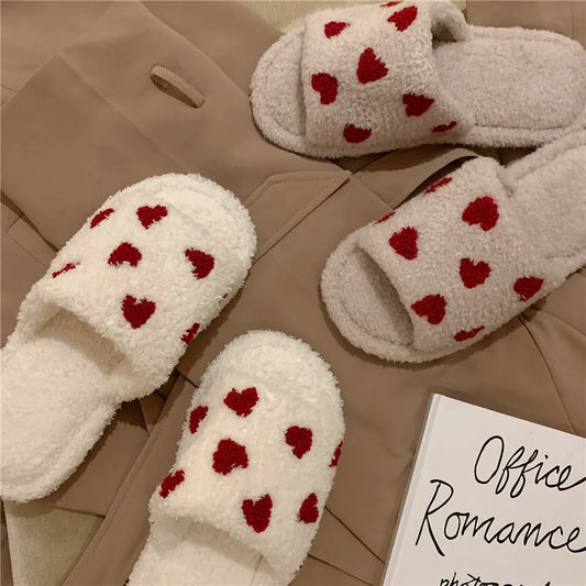 Cute Fuzzy Cartoon Patterned Slippers  white with red hearts