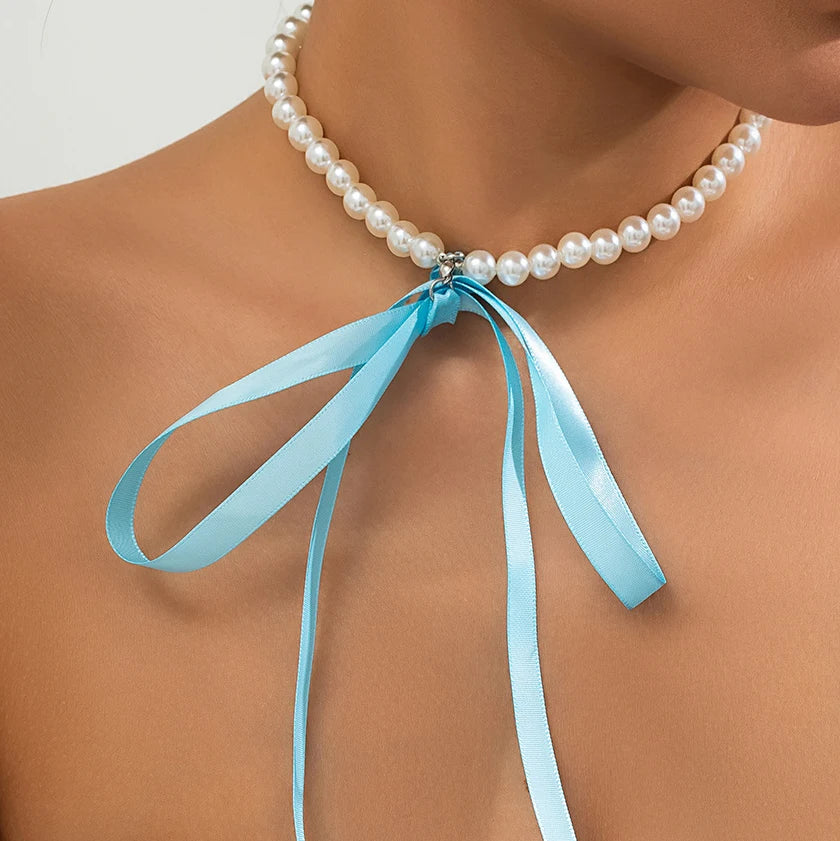 Chic Style Ribbon Choker with pearls or pendant white pearls with turquoise ribbon