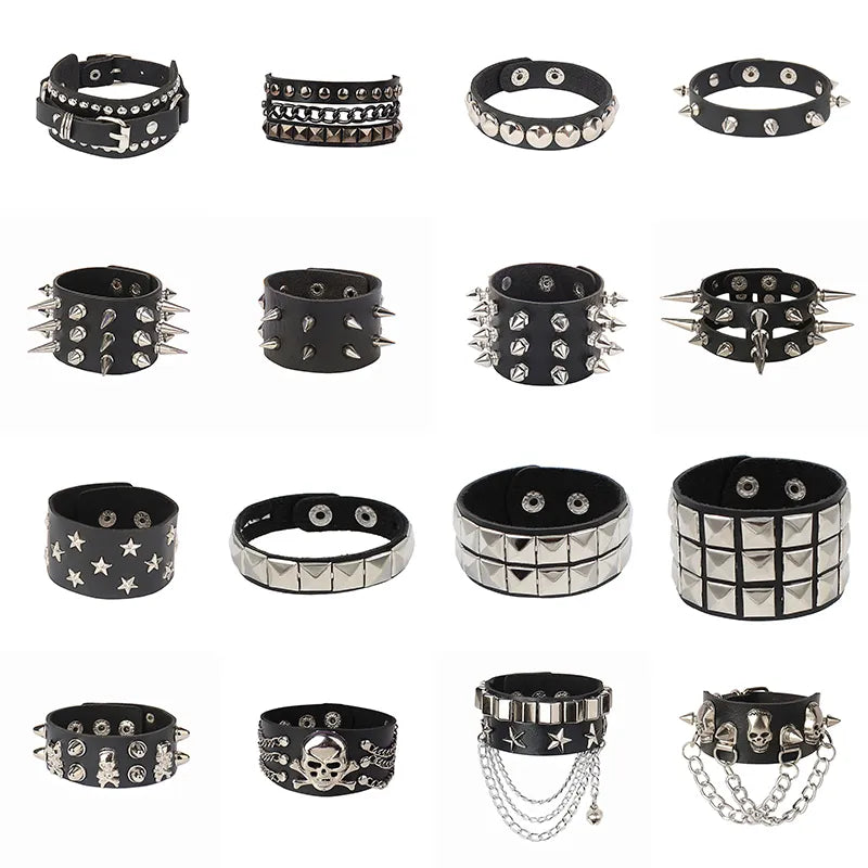 Black Leather Stud Bracelets multiple widths and designs 