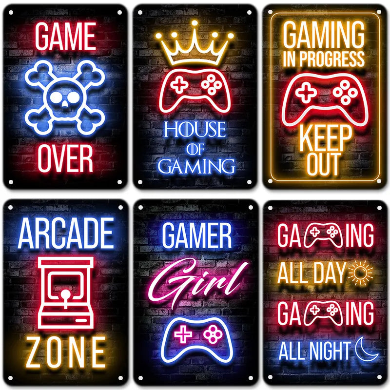 Neon Gaming Vintage Metal Sign with Gaming Sayings