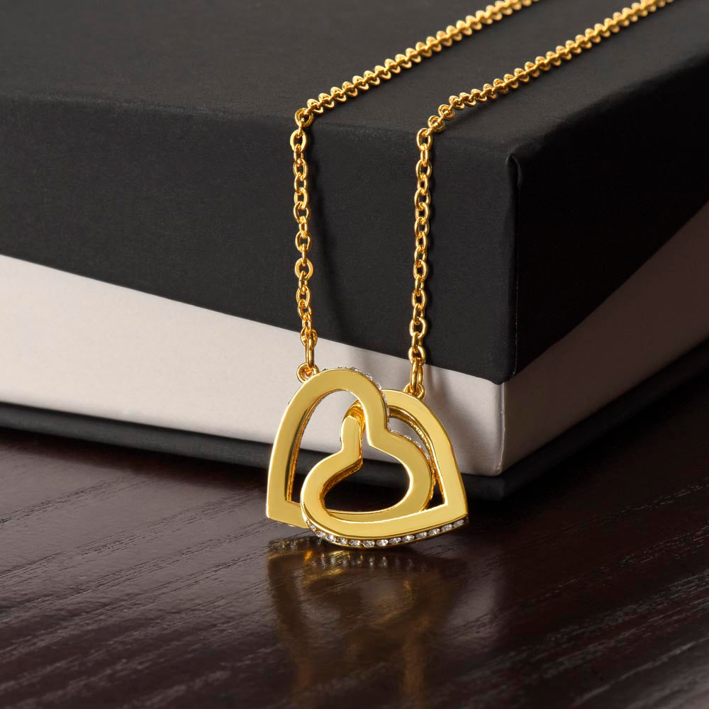 Best Friends Heart Necklace two interlocking heart pendants embellished with CZ crystals High quality polished rose gold finish or 18k yellow gold finish