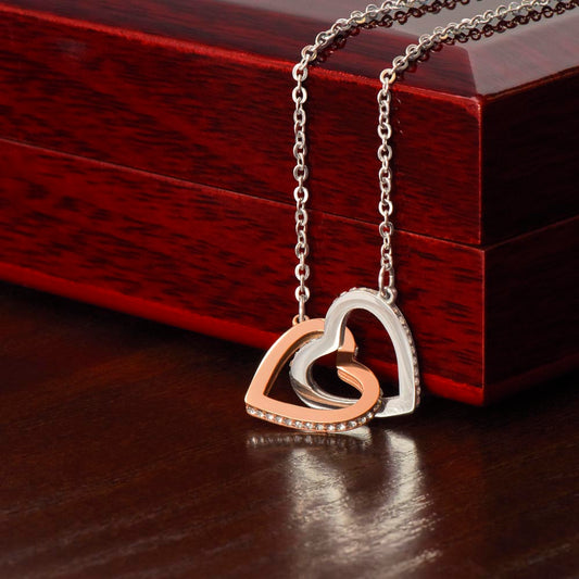 Best Friends Heart Necklace two interlocking heart pendants embellished with CZ crystals High quality polished rose gold finish or 18k yellow gold finish